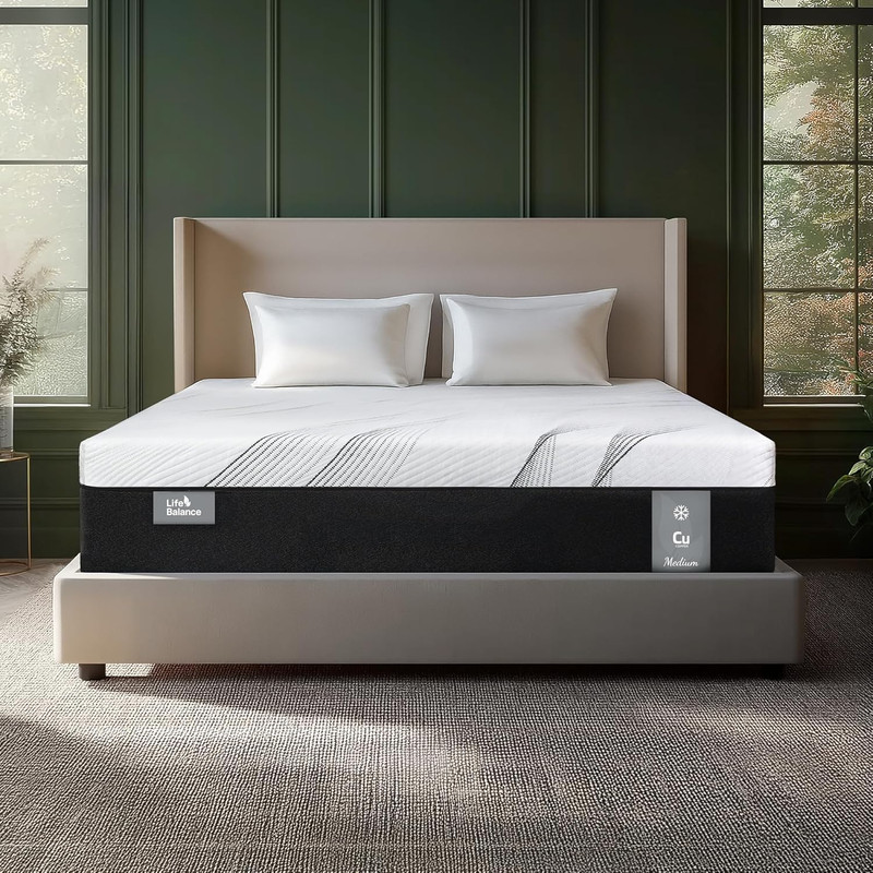 12" Queen Hybrid Mattress - Copper Gel Memory Foam, Hypoallergenic & Odorless