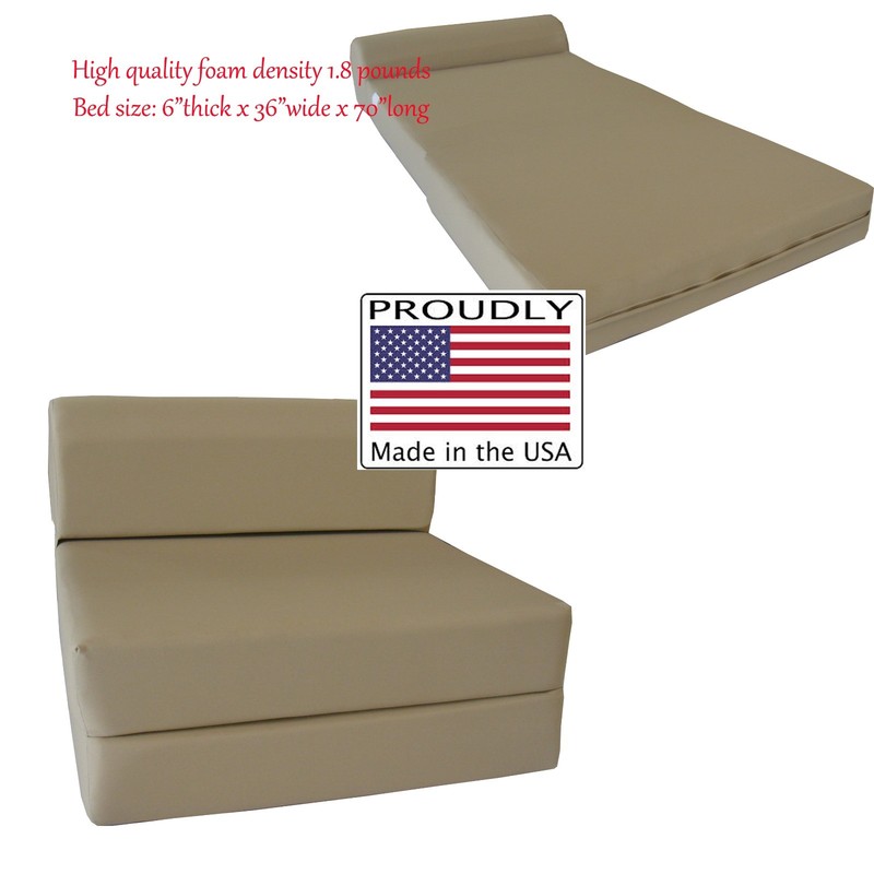 Tan 6 x 36 x 70 Twin Sleeper Chair Folding Foam Bed, Foam Density 1.8 lbs