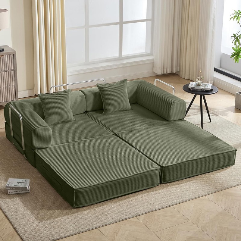 78" Convertible Sleeper Sofa Bed, Modular Corduroy Couch with 2 Pillows,