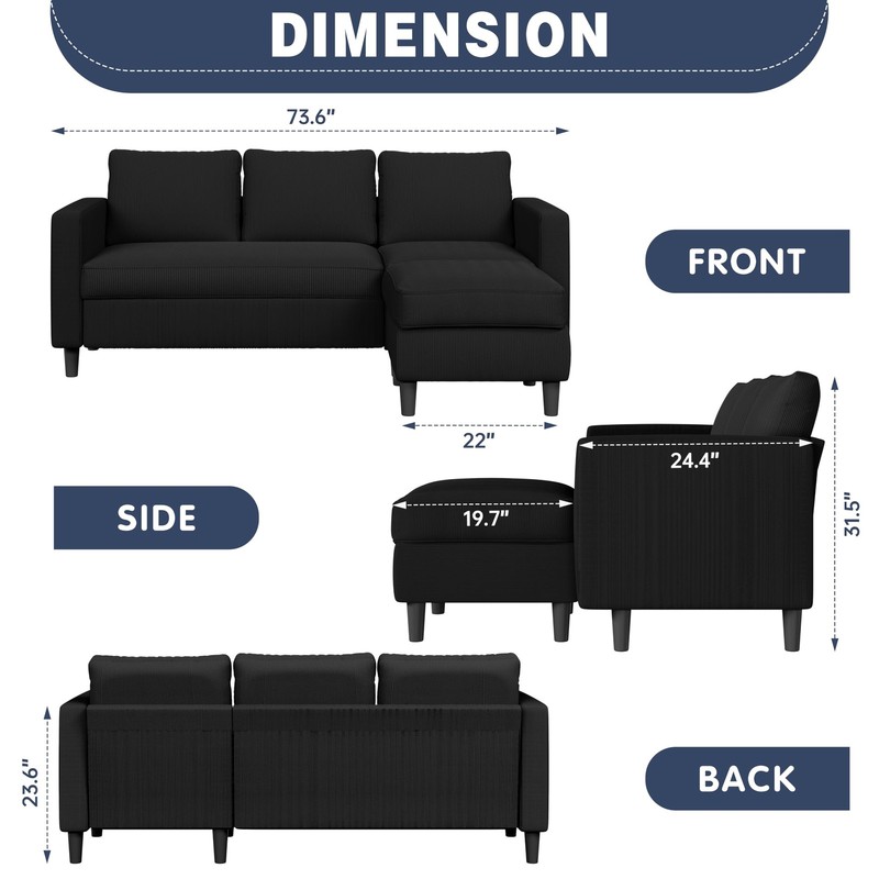 Shintenchi L Shaped Sectional Sofa Couch,Convertible Dark Black/Corduroy gallery