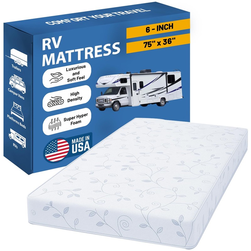 , 6-Inch High-Density Foam RV Mattress Replacement, Medium Firm, Good for Tra...