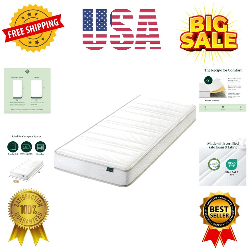 Narrow Twin Mattress 30” Wide x 75” Long, 6 Inch Foam & Spring Hybrid Mattres...