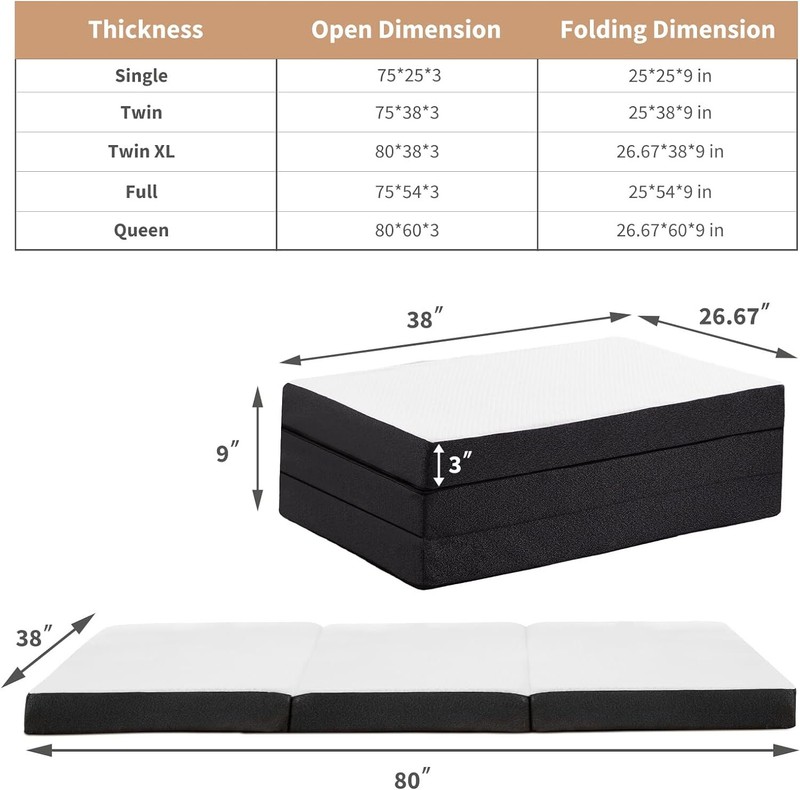 Tri-Fold Folding Mattress 3 inch Memory Foam Mattress Topper with Washable Cover