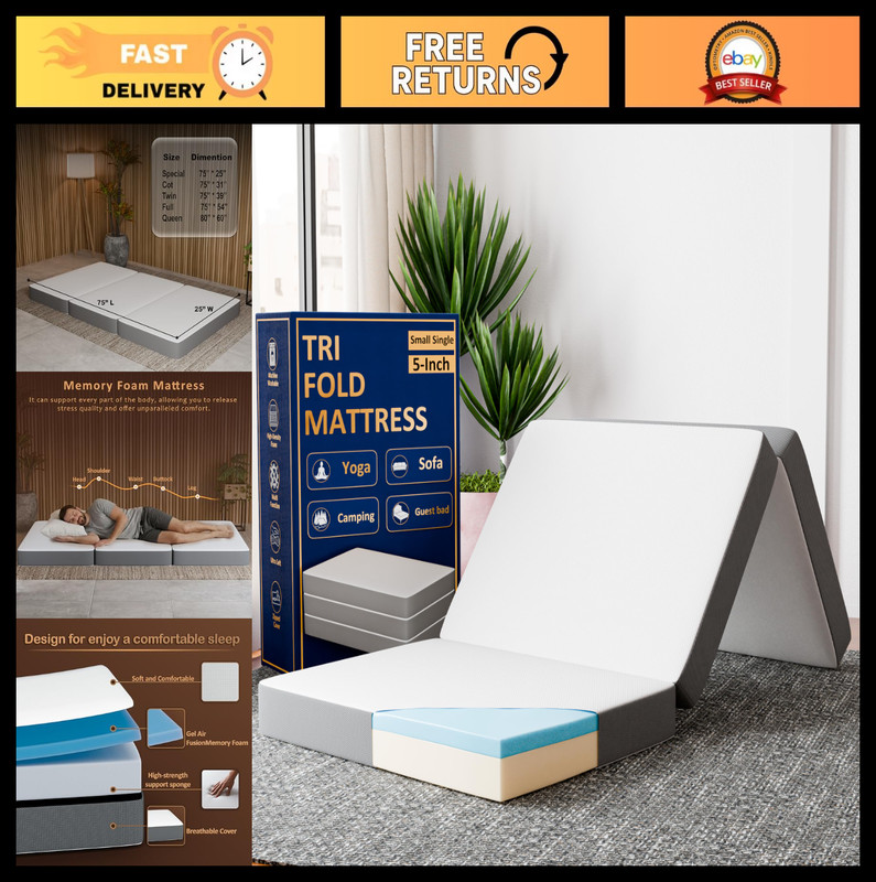 5-Inch Tri-Folding Gel Memory Foam Floor Mattress | Portable, Soft, Washable Cov