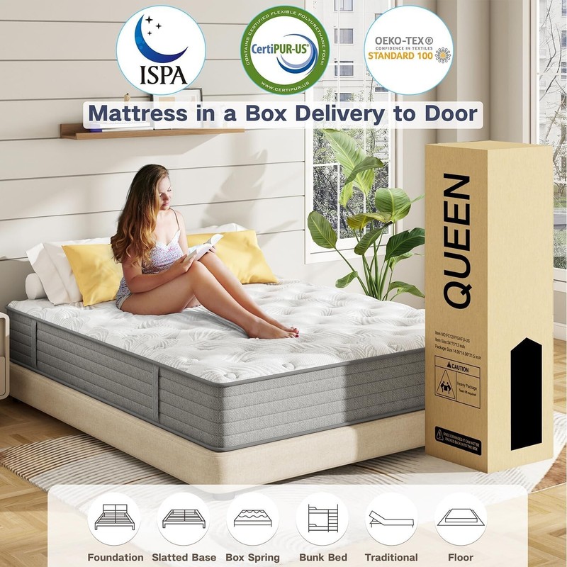 12" Queen Size Mattress in a Box Hybrid Spring Memory Foam with Motion Isolating