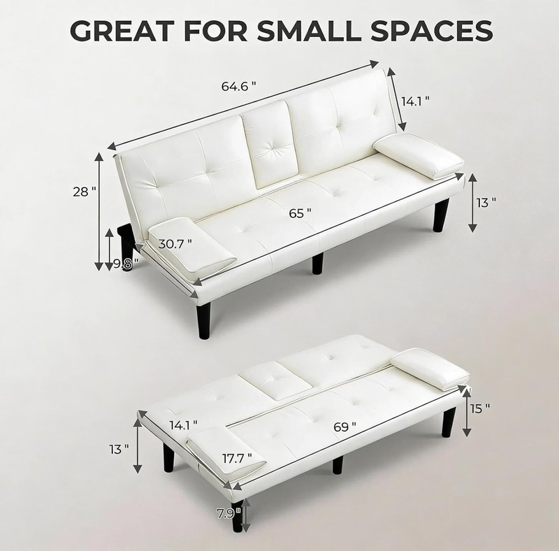 67" Futon Sofa Bed with Cup Holders, Convertible 3 in 1 gallery
