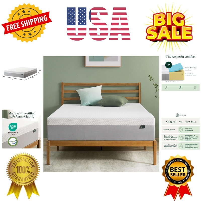 12 Inch Green Tea Essential Memory Foam Mattress [New Version], Queen, Fiberg…