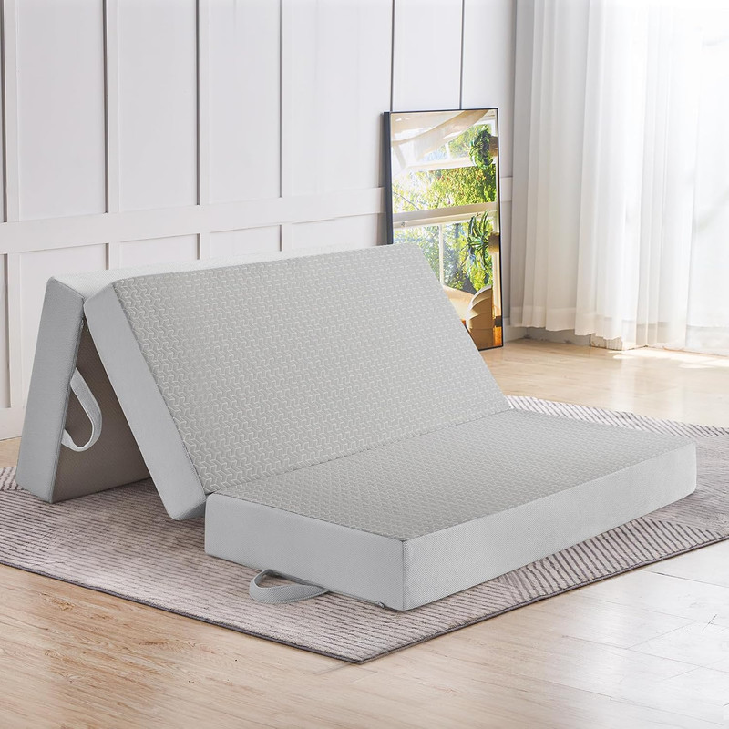 Portable Folding Mattress, 6″ Memory Foam Tri-Fold Bed for RV & Guests, Grey