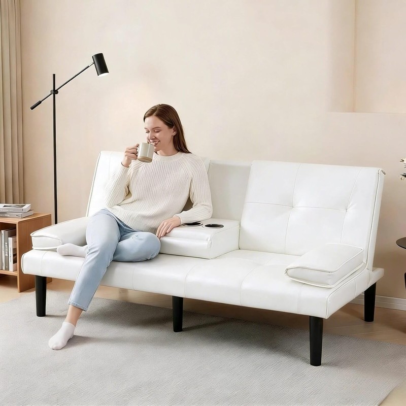 67" Futon Sofa Bed with Cup Holders, Convertible 3 in 1 gallery
