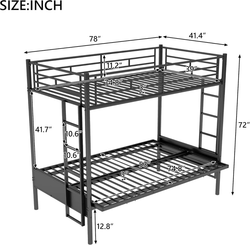 Twin Over Futon bunk Bed, Futon bunk Bed, loft Bed with futon,
