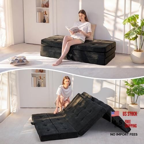 Foldable Sofa Couch Bed, 4 Inch Tufted Folding Mattress, Portable Queen Black