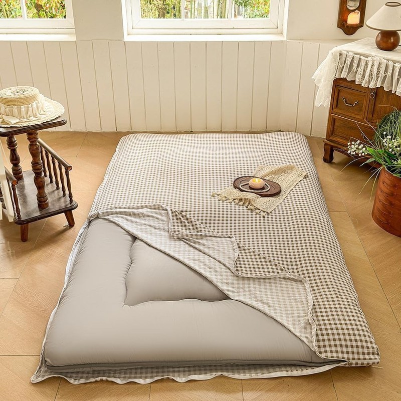 Japanese Floor Mattress Futon Cover for 3-4" Thick Pad, Taupe Twin Tan Gingham